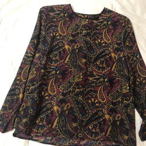 100% Silk Valerie Stevens Navy Paisley Long Sleeved Blouse Sz 6